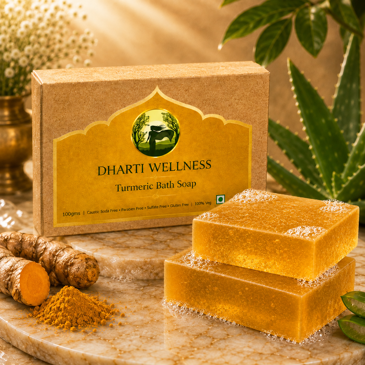 Dharti Wellness Turmeric Bath Soap shown with its kraft paper box, three golden-yellow soap bars with lather, turmeric root, and turmeric powder on a marble surface with green plants in the background.