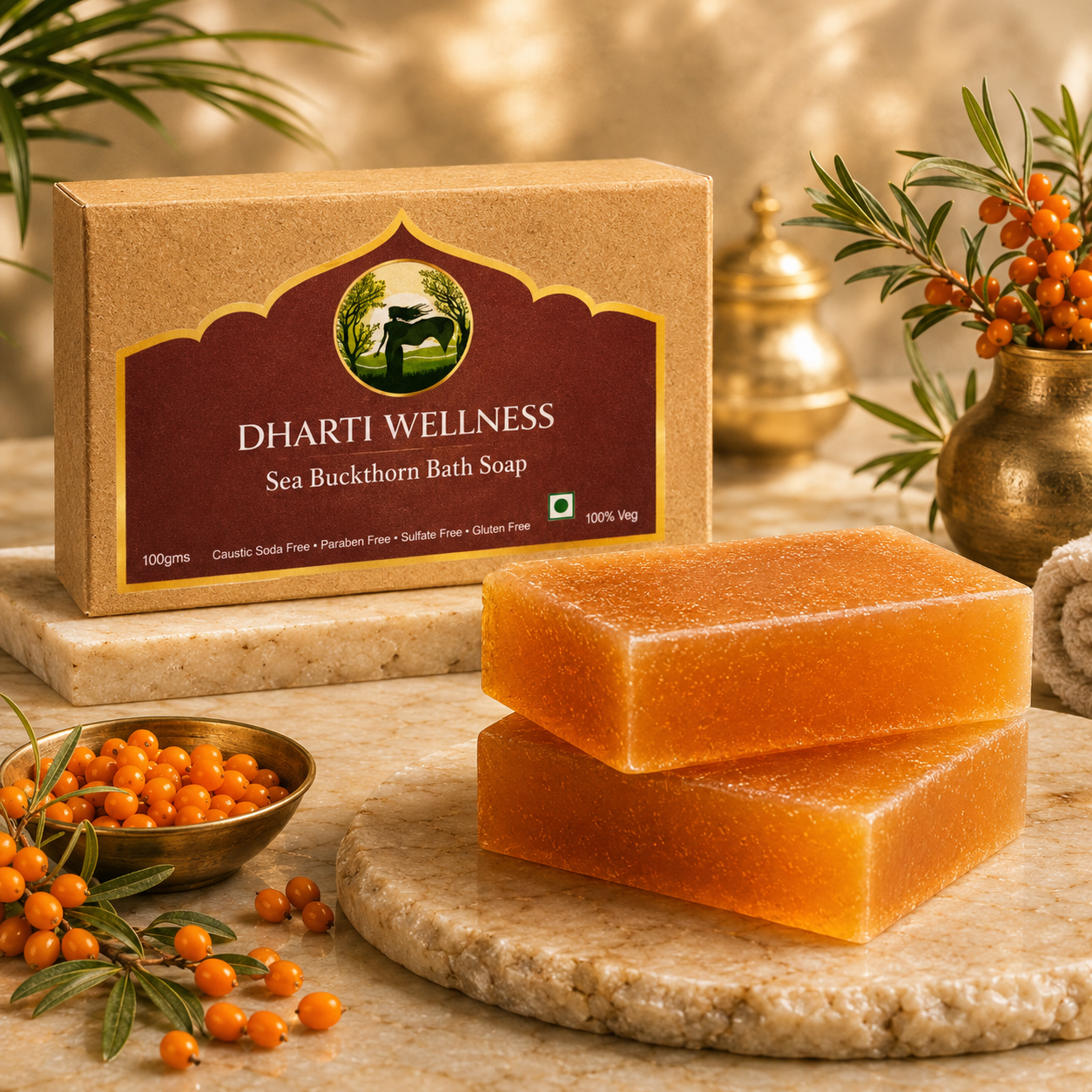Two amber-colored sea buckthorn bath soaps stacked on a stone slab, with a brown box labeled DHARTI WELLNESS Sea Buckthorn Bath Soap behind them. The scene includes sea buckthorn berries, brass vessels, and a warm, softly lit background.