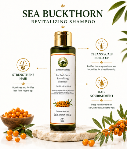 Dharti Wellness Sea Buckthorn Revitalizing Shampoo on a luxury stone pedestal, surrounded by sea buckthorn berries and leaves, with highlighted benefits: strengthens hair, cleans scalp build-up, and provides hair nourishment.