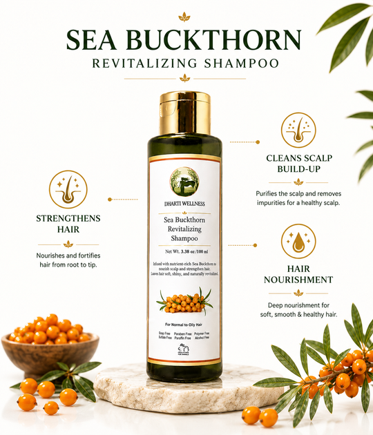 Dharti Wellness Sea Buckthorn Revitalizing Shampoo on a luxury stone pedestal, surrounded by sea buckthorn berries and leaves, with highlighted benefits: strengthens hair, cleans scalp build-up, and provides hair nourishment.