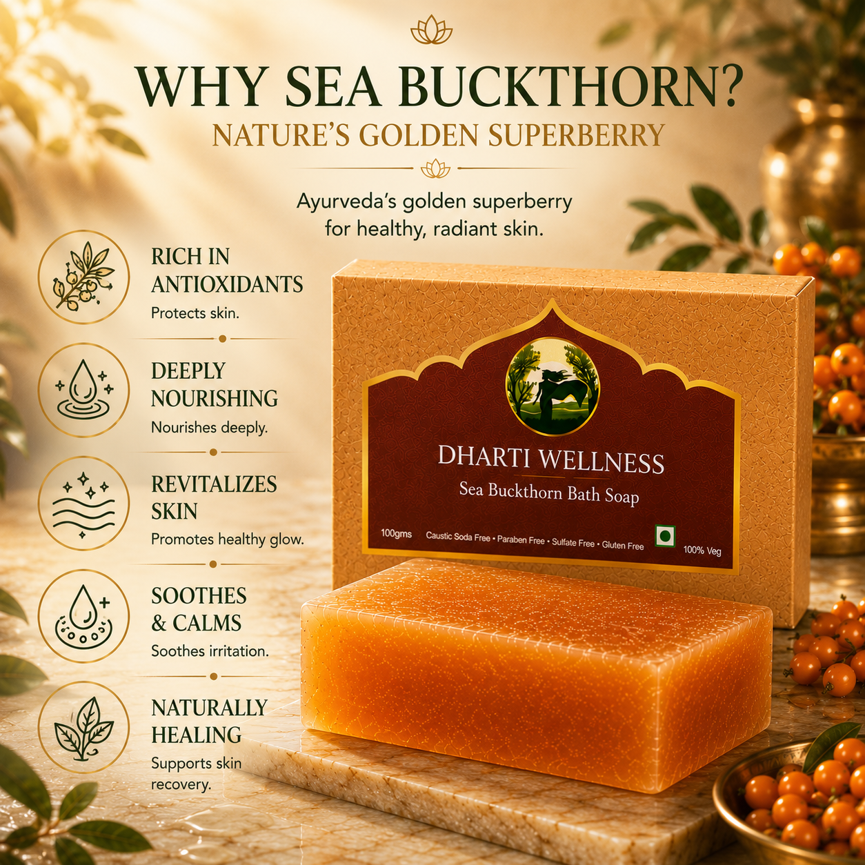 Sea Buckthorn Bath Soap by Dharti Wellness shown with its brown branded box and a rectangular amber-orange soap bar on a styled tabletop. The image includes marketing text and icons about sea buckthorn benefits, with decorative leaves and orange berries around the product.