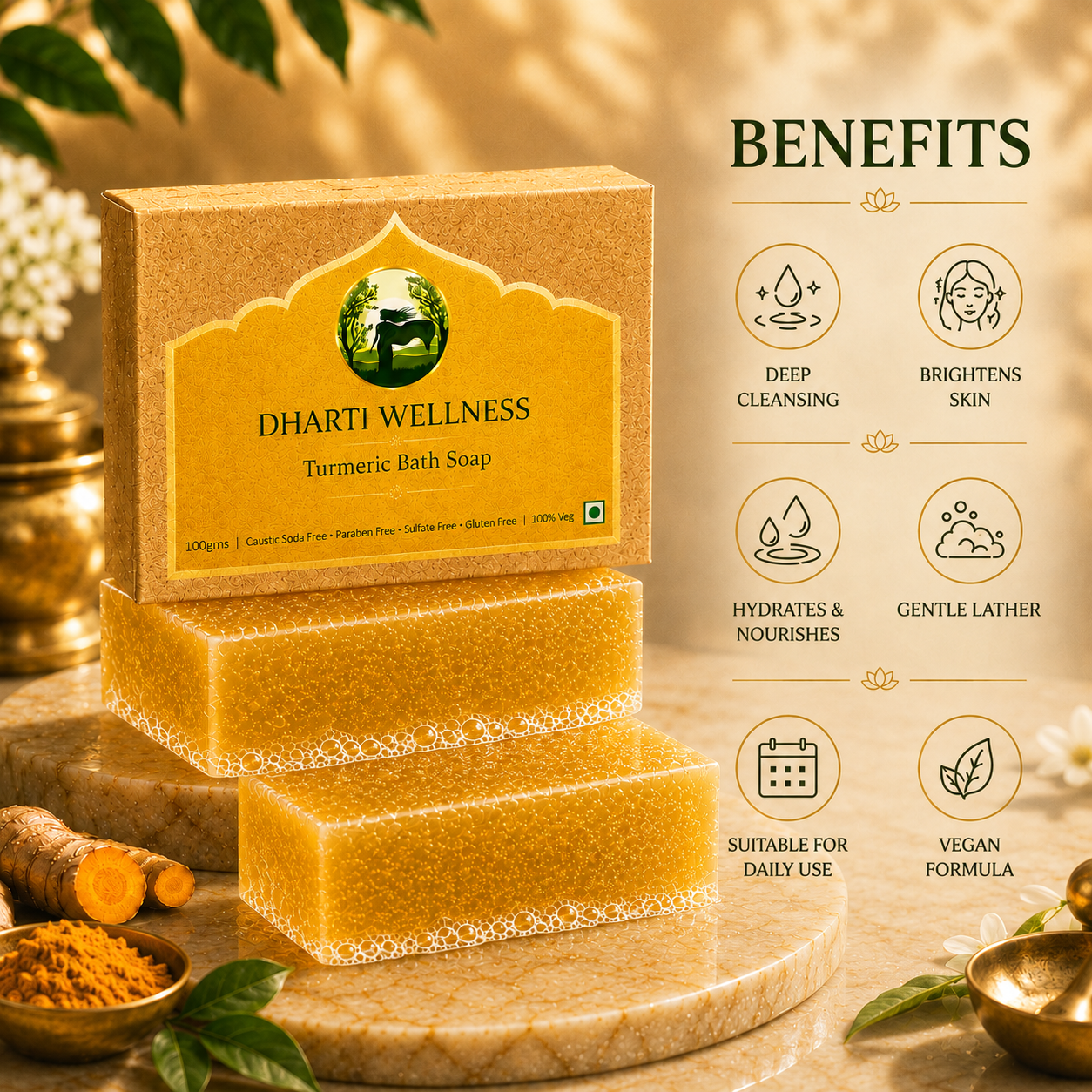 Dharti Wellness Turmeric Bath Soap shown with its branded box and two textured bath soaps on a stone surface. The right side includes a benefits panel with icons and text for deep cleansing, brightening skin, hydrating and nourishing, gentle lather, suitable for daily use, and vegan formula.