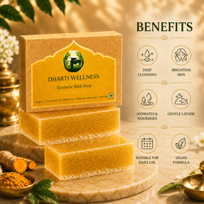 Dharti Wellness Turmeric Bath Soap shown with its branded box and two textured bath soaps on a stone surface. The right side includes a benefits panel with icons and text for deep cleansing, brightening skin, hydrating and nourishing, gentle lather, suitable for daily use, and vegan formula.