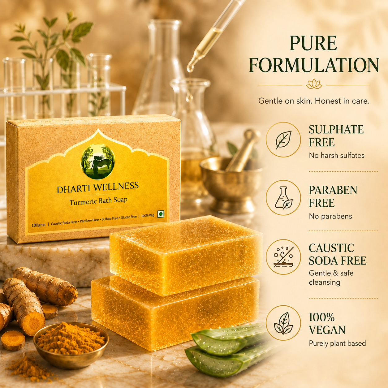 Dharti Wellness Turmeric Bath Soap shown with a kraft paper box, two stacked yellow bath soaps, turmeric roots, aloe vera slices, glass bottles, and a dropper on a warm beige background with marketing text about pure formulation and benefits.