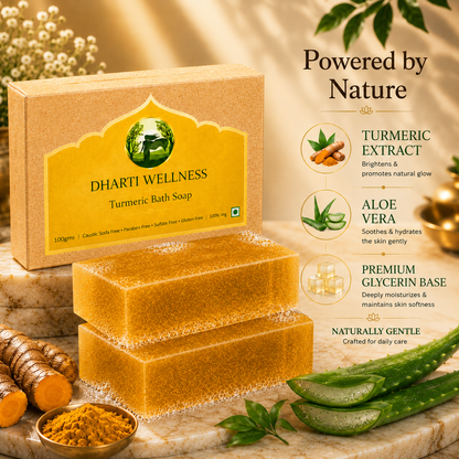 Dharti Wellness Turmeric Bath Soap shown with its branded box and two textured bath soaps in front. The scene includes turmeric root, a bowl of yellow powder, aloe vera slices, and text callouts about turmeric extract, aloe vera, and premium glycerin base on a warm beige background.