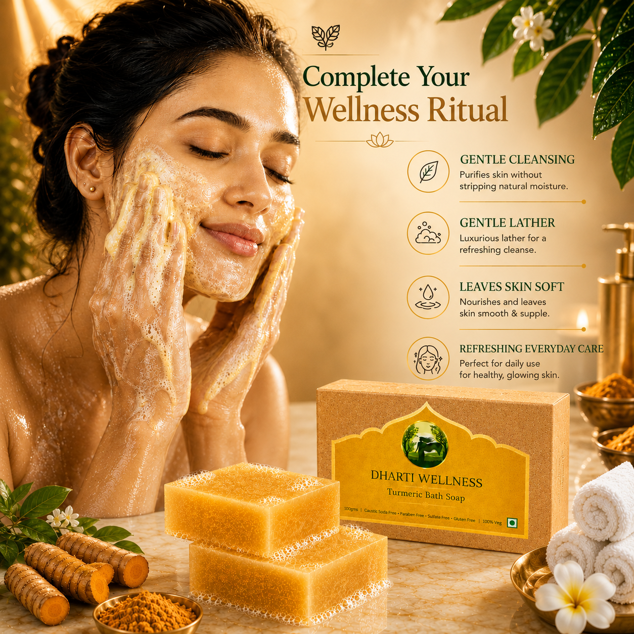 A woman applies foaming bath soap to her face in a warm spa-like setting, with DHARTI WELLNESS Turmeric Bath Soap boxes and honeycomb soap bars displayed in the foreground. Text on the right explains cleansing and lather benefits, with rolled towels, flowers, and herbs around the scene.