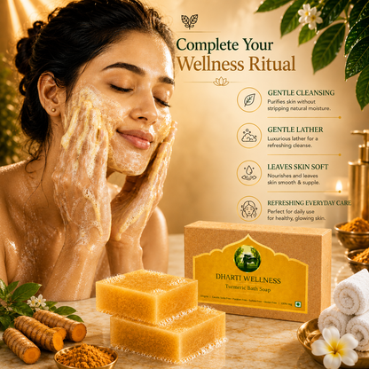 A woman applies foaming bath soap to her face in a warm spa-like setting, with DHARTI WELLNESS Turmeric Bath Soap boxes and honeycomb soap bars displayed in the foreground. Text on the right explains cleansing and lather benefits, with rolled towels, flowers, and herbs around the scene.