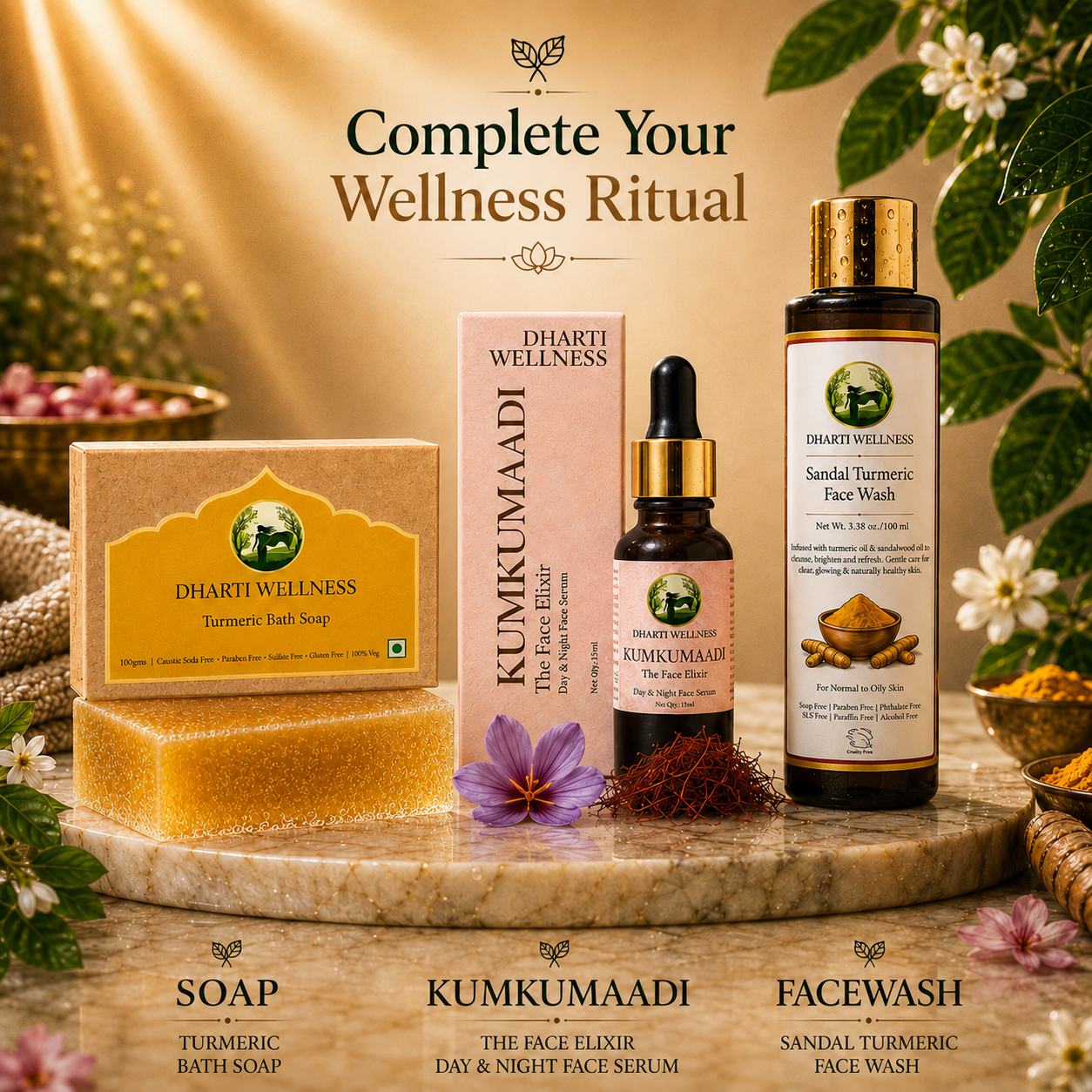 Four Dharti Wellness skincare products arranged on a marble slab with decorative flowers and leaves: a turmeric soap bar in a gold-labeled box, a Kumkumaadi face serum bottle, a face wash bottle, and a turmeric bath soap bar. Text at the top reads 'Complete Your Wellness Ritual' and labels below identify each product.
