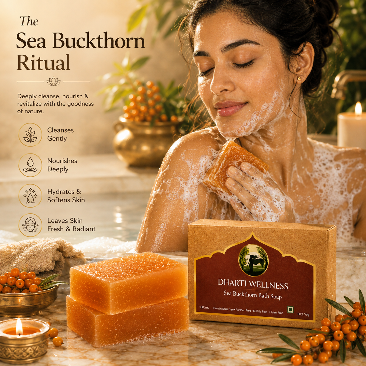 A woman in a warm spa-like setting lathers her body with a sea buckthorn bath soap sponge, with two orange-brown bath soaps in the foreground and a box labeled Dharti Wellness Sea Buckthorn Bath Soap. Text on the left describes the ritual benefits.