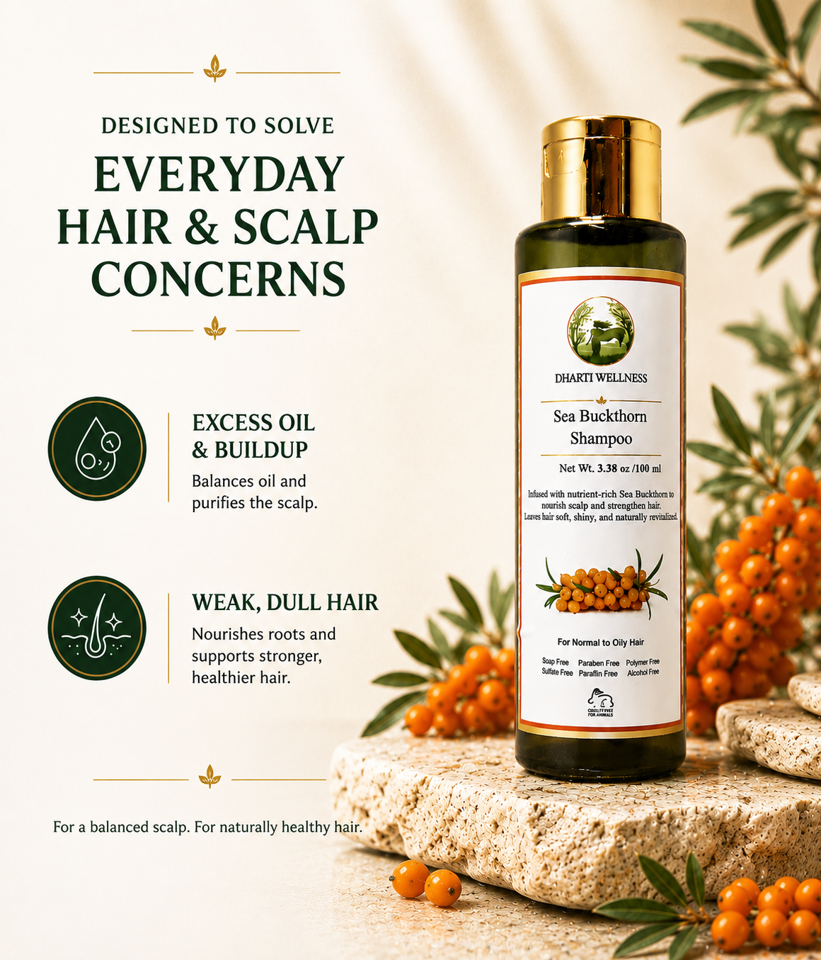Dharti Wellness Sea Buckthorn Shampoo presented on a stone pedestal with sea buckthorn berries and botanical leaves, highlighting care for excess oil and scalp buildup and nourishment for weak, dull hair.