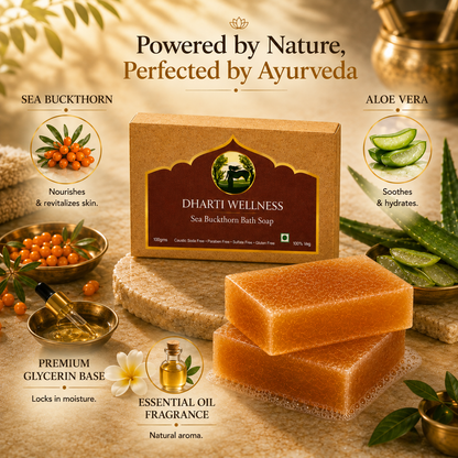 A box of DHARTI WELLNESS Sea Buckthorn Bath Soap is displayed on a wooden surface with two rectangular bars of golden soap in front. The scene is styled with sea buckthorn berries, aloe vera slices, a glass dropper, and decorative text overlays highlighting ingredients and benefits.