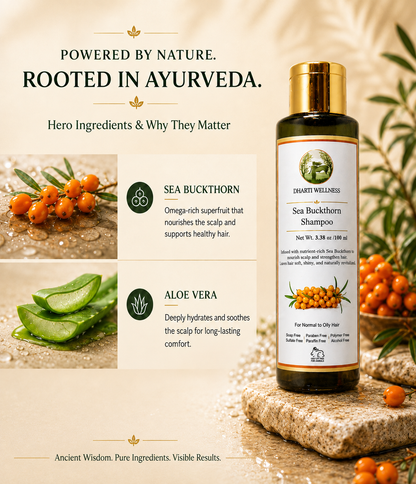 Dharti Wellness Sea Buckthorn Shampoo featuring hero ingredients Sea Buckthorn and Aloe Vera, highlighting their nourishing, hydrating, and scalp-soothing benefits, with the product displayed in a premium Ayurvedic setting.