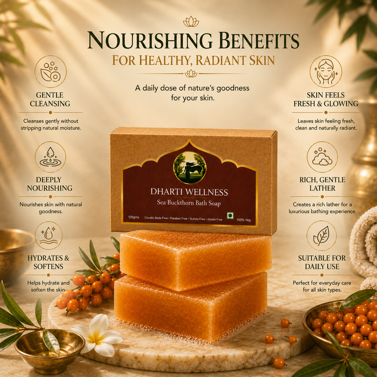 Dharti Wellness Sea Backthorn Bath Soap bar shown in front of its brown cardboard box, set on a wooden surface with bath ingredients and decorative props. The image includes marketing text highlighting nourishing benefits for healthy, radiant skin.