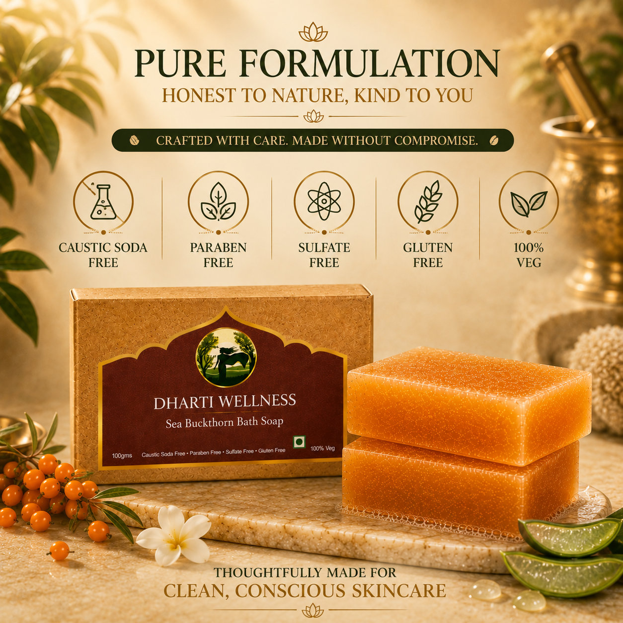 Dharti Wellness Sea Buckthorn Bath Soap shown with its brown cardboard box and two orange-brown soap bars on a styled tabletop. The image includes marketing text and icons stating the soap is caustic soda free, paraben free, sulfate free, gluten free, and 100% veg, with decorative botanical and citrus elements around it.