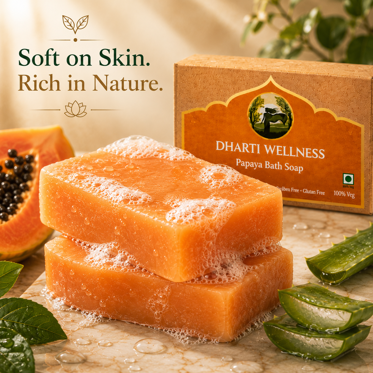 Papaya Bath Soap -  Organic | Natural | Caustic - Soda Free | For Dry - Skin | Nourishing | Brightening | Glow