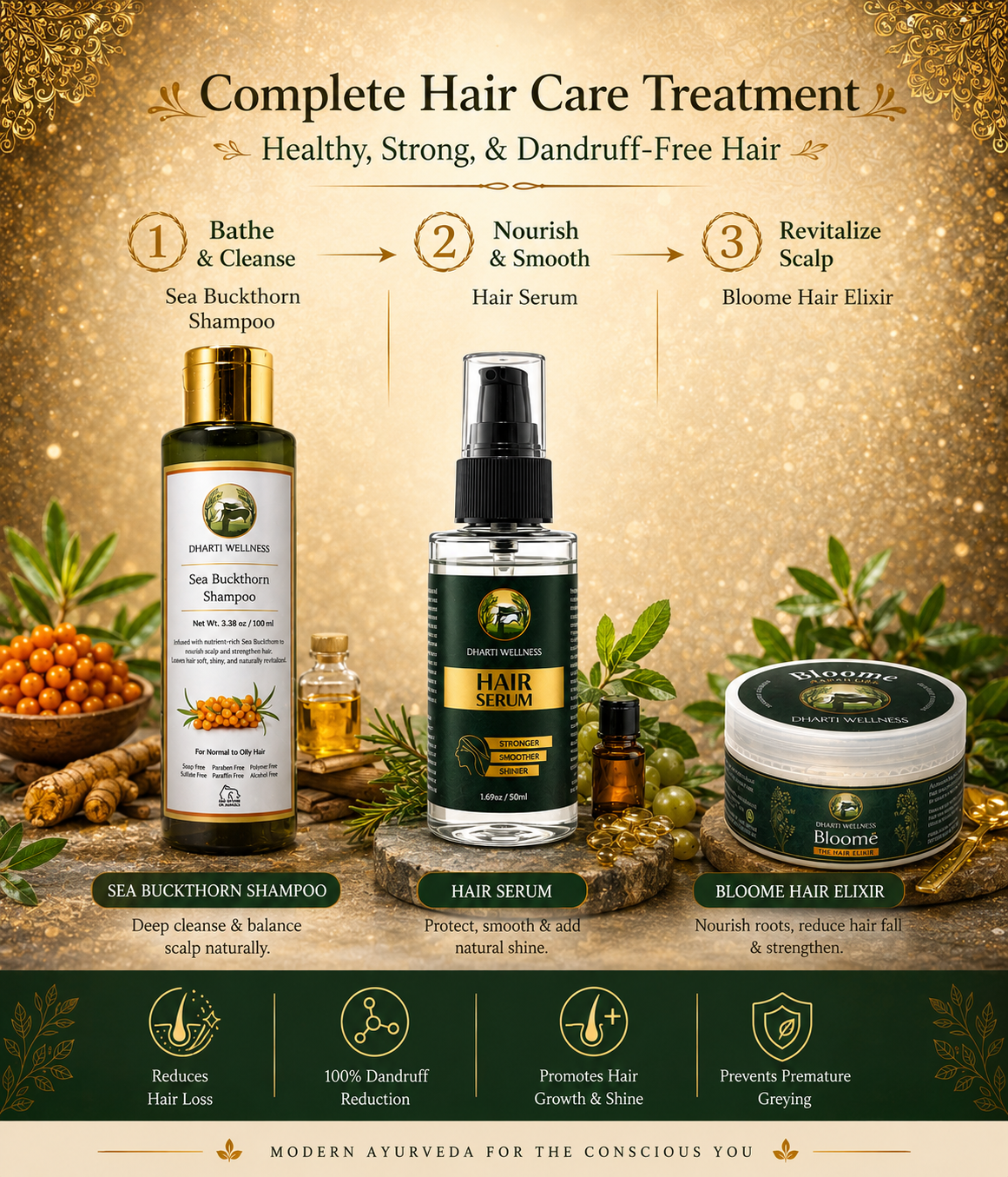 Dharti Wellness complete hair care ritual featuring Sea Buckthorn Shampoo, Hair Serum, and Bloome Hair Elixir in a premium Ayurvedic setting, presented as a three-step routine to cleanse, nourish, smooth, and revitalize the hair and scalp.