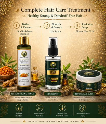 Dharti Wellness complete hair care ritual featuring Sea Buckthorn Shampoo, Hair Serum, and Bloome Hair Elixir in a premium Ayurvedic setting, presented as a three-step routine to cleanse, nourish, smooth, and revitalize the hair and scalp.