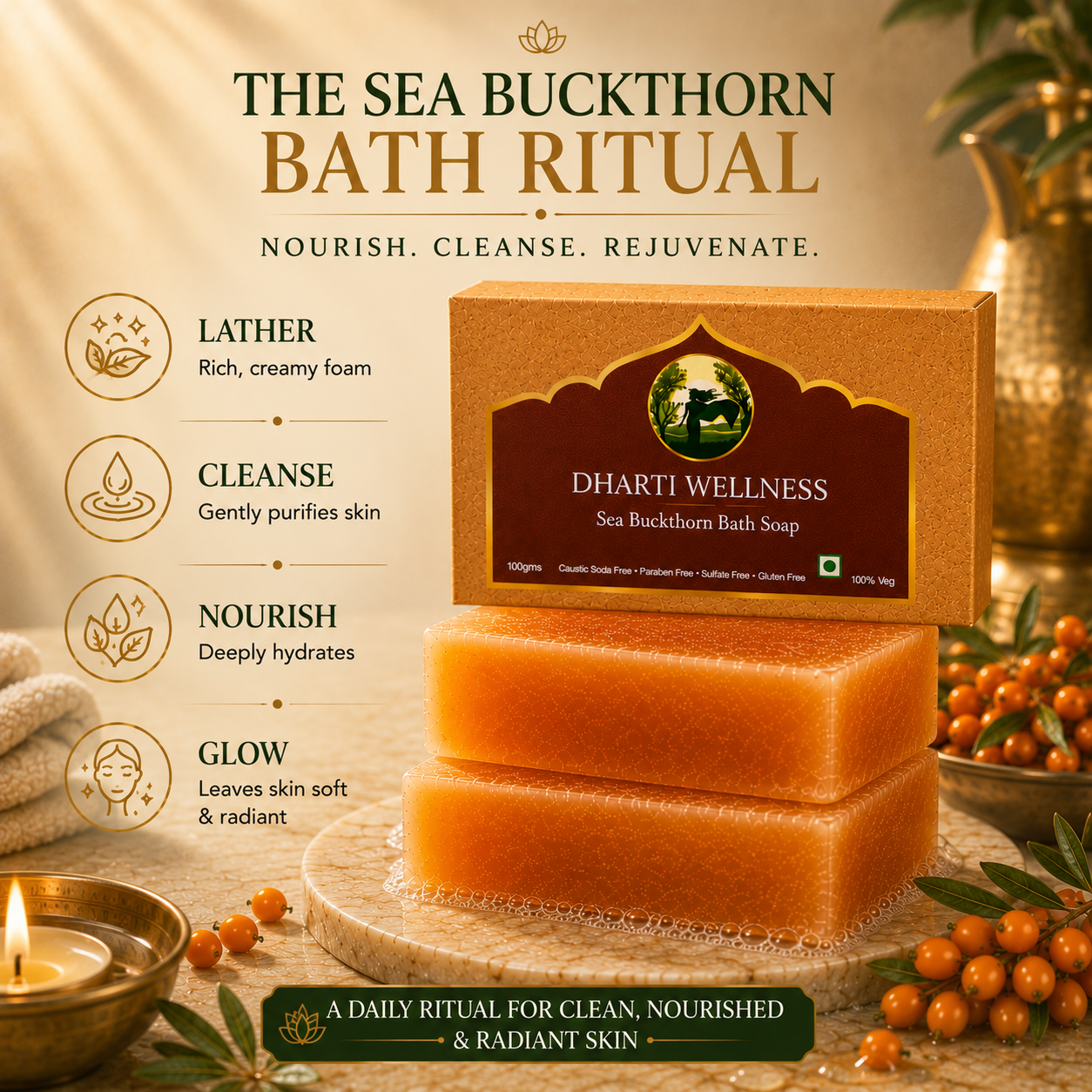 Sea Buckthorn Bath Ritual soap bar and its packaging box by Dharti Wellness, displayed on a stone surface with decorative bath-themed props including berries, a candle, and a brass vessel. Text on the left lists benefits: Lather, Cleanse, Nourish, and Glow.